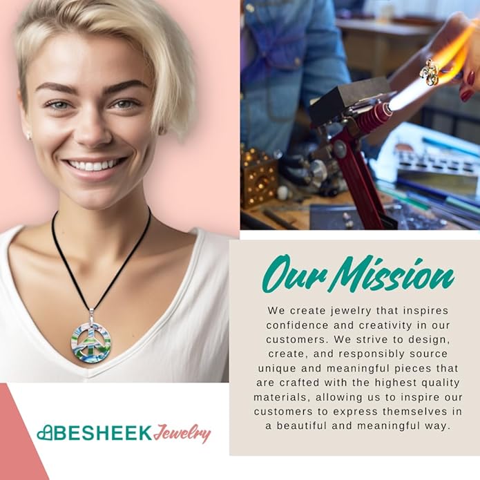 BESHEEK Murano Inspired Peace Sign Blown Glass Lampwork Art Pendant Necklace for Women Handcrafted Artisan Hypoallergenic Italian Style Jewelry