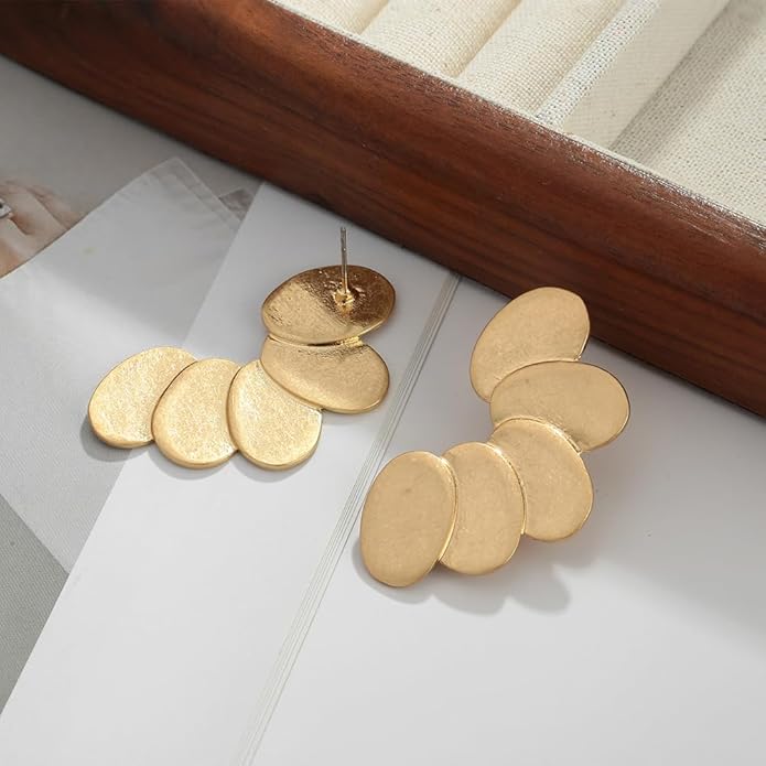 Chunky Gold Statement Earrings For Women Gold Plated Sectored Flower Leaf Shell Angel Wing Earrings Trendy Boho Jewelry For Women Large Stud Earrings Hypoallergenic Earrings
