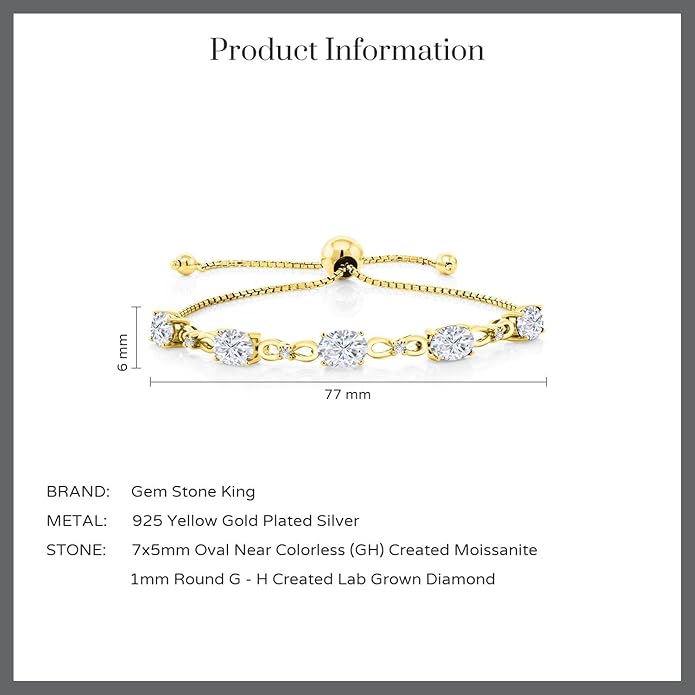Gem Stone King 7X5MM Oval Cut Gemstone Birthstone and Accent Lab Grown Diamond Tennis Bracelet For Women In 18K Yellow Gold Plated Silver | Adjustable Bolo Bracelet For Women | Easy-On Easy-Off