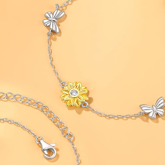 SNZM Bracelets for Women-925 Sterling Silver Sunflower Bracelet Chain Adjustable Heart Charm Link Birthday Sunflower Jewelry Gifts for Women/Daughter/Girlfriend