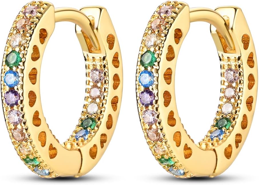 NARMO Earrings for Women 925 Sterling Silver Heart Hoops Small Colorful Rainbow Hoop Earrings Huggie Earrings