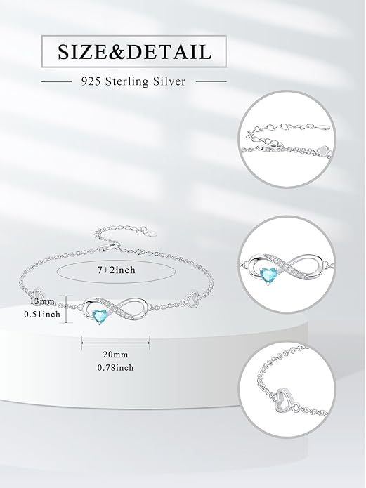 Dorunmo Infinity Heart Anklet Bracelet for Women 925 Sterling Silver Adjustable Infinity Birthstone Bracelet Friendship Jewelry Gifts for Women Birthday Christmas
