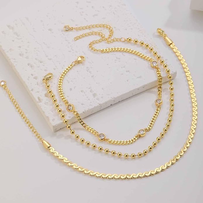RLMOON Gold Anklets for Women CZ Ankle Bracelet 14K Gold/Silver Plated Waterproof Dainty Layered Tennis Heart Dot Chain Silver Anklets Trendy Foot Jewelry