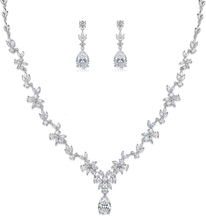 Hadskiss Jewelry Set for Women, Necklace Dangle Earrings Bracelet Set with White AAA Cubic Zirconia, Allergy Free Wedding Party Jewelry for Bridal Bridesmaid