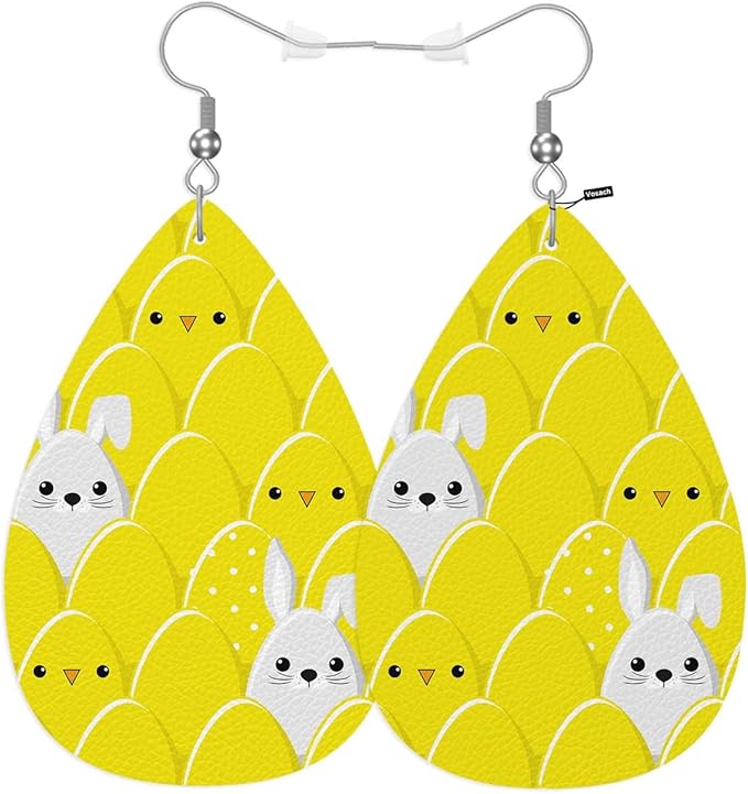 Rabbits Fashion Leather Teardrop Ear Rings Yellow Cute Easter Eggs And Bunny Chicks Leather Leaf Earrings Jewelry For Women Friends