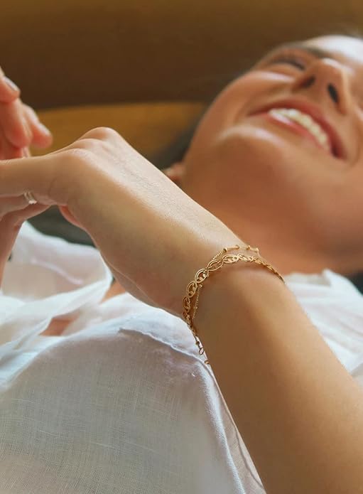 PERNNLA PEARL Dainty Gold Bar Bracelet for Women Simple Delicate Thin Cuff Bangle Hook Bracelet 18K Gold Plated Handmade Minimalist Jewelry
