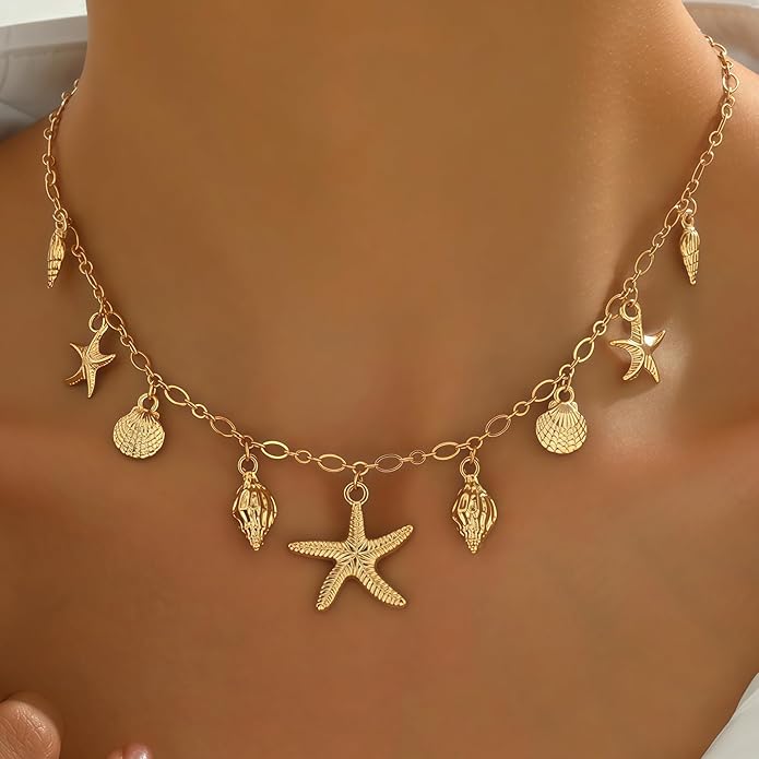 Shell Starfish Necklace for Women, 14k Gold Plated Boho Layered Beaded Charm Pendant Necklace, Dainty Adjustable Pearl Conch Summer Beach Vacation Jewelry Gifts