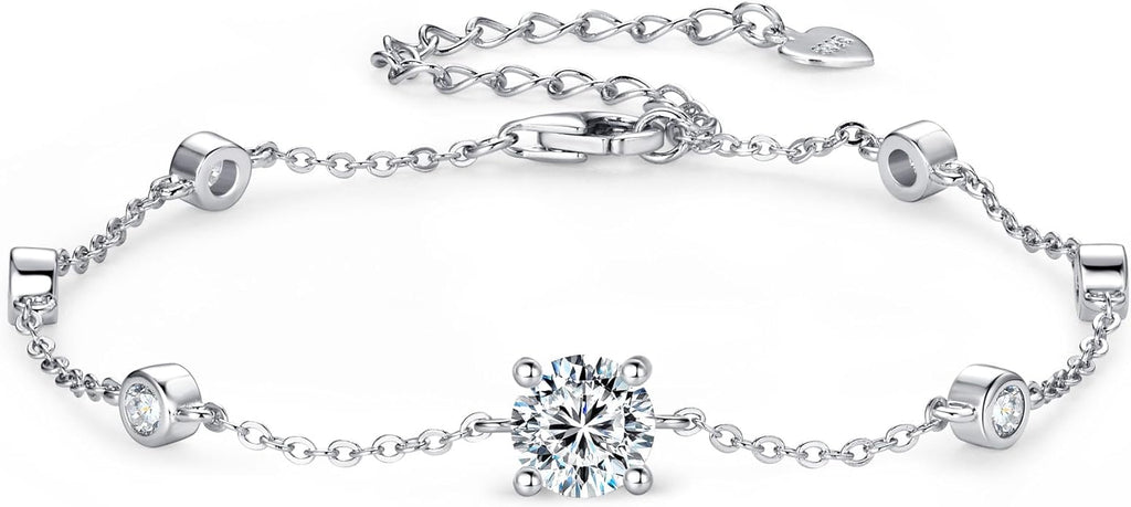 Bezel Station Link Bracelets for Women, 1.36cttw D Color Moissanite Bracelet 925 Sterling Silver for Wife or Mom, Adjustable Chain