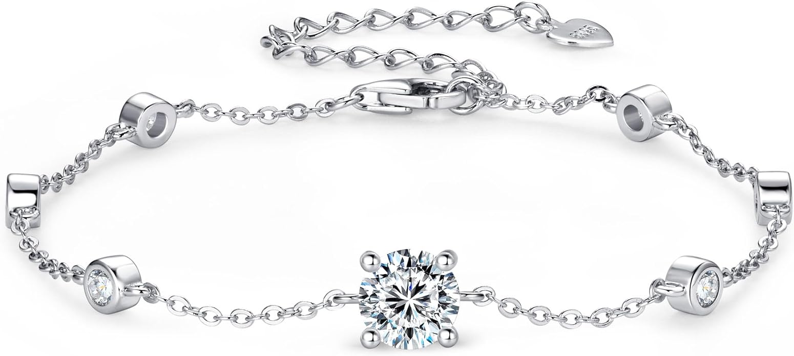 Bezel Station Link Bracelets for Women, 1.36cttw D Color Moissanite Bracelet 925 Sterling Silver for Wife or Mom, Adjustable Chain