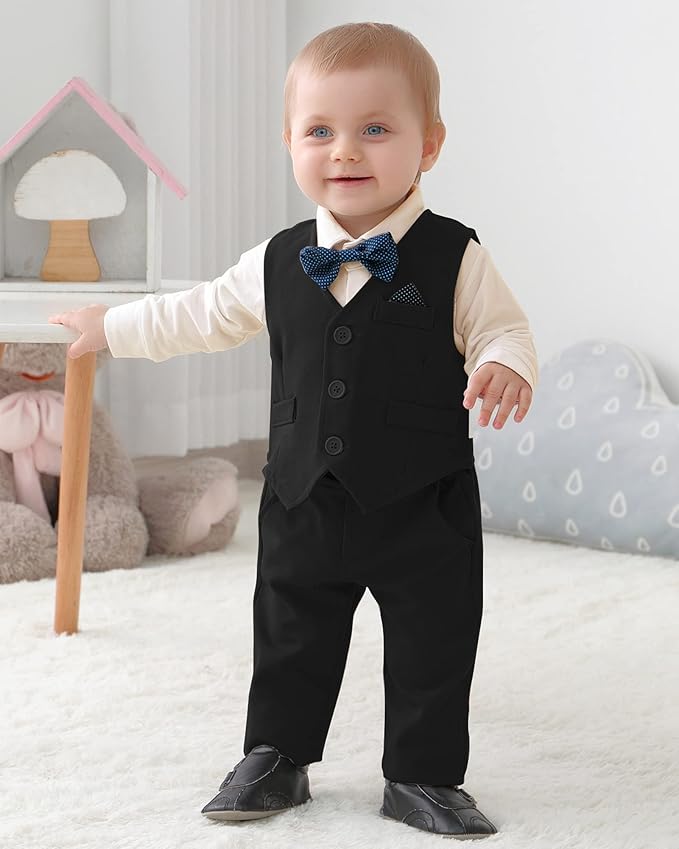 DISAUR Baby Boy Clothes Toddler Boy Outfits 4PCS Gentleman Dress Romper/Vest/Pants/Bow Tie Cotton Suit Sets
