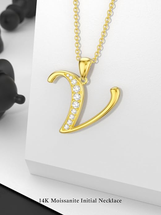 14k Gold Initial Necklace for Women, Solid Gold Moissanite Letter Pendant Necklaces Jewelry for Her Birthday Valentines Day Gifts for Mom Wife Christmas Gifts for Girlfriend Sister