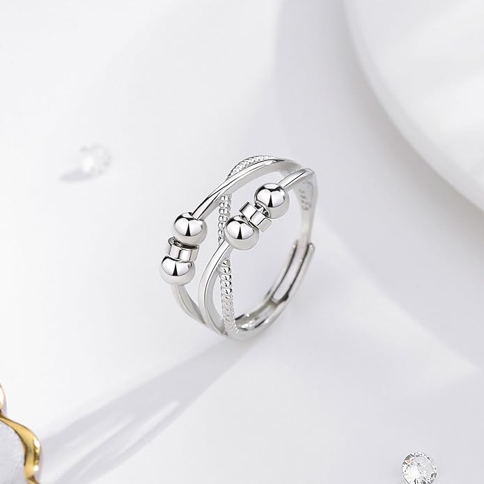 Vito 925 Sterling Silver Fidget Anxiety Ring for Women, Adjustable Open Spinner Ring Stress Relief Ring Stacking Band Anillos Jewelry Gift for Mom Daughter