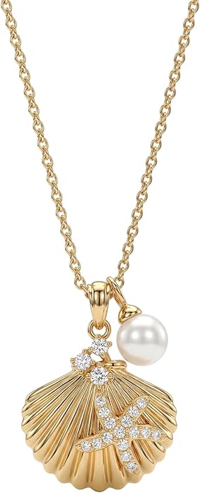 MEVECCO Dainty Gold Pendent Necklace for Women 18K Gold Plated Pearl CZ Starfish Seashell Conch Star Crab Boho Handmade Ocean Chain Necklace Summer Beach Jewelry Gift