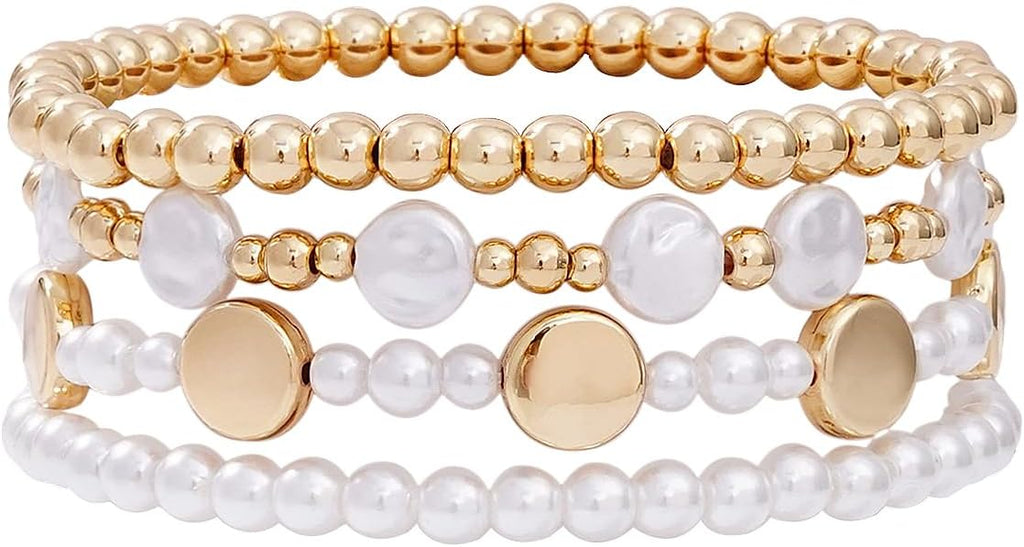 Gold Plated Beaded Bracelets for Women Trendy, 14K Gold Plated Stack Cross Pearl Gold Plated Bead Stretch Bracelets Set Elastic Hypoallergenic Bracelets Jewelry Gifts