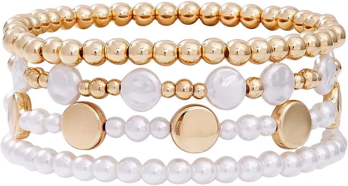 Gold Plated Beaded Bracelets for Women Trendy, 14K Gold Plated Stack Cross Pearl Gold Plated Bead Stretch Bracelets Set Elastic Hypoallergenic Bracelets Jewelry Gifts