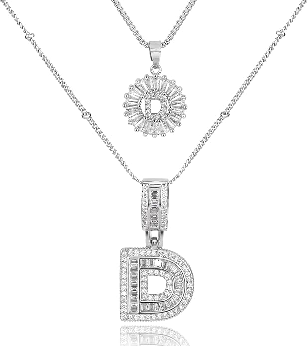 Initial Letter Necklace for Women 14k White Gold Silver Plated Dainty Necklaces Trendy Chunky Custom Layered Necklace Set Personalized Round Circle Zirconia A-Z Letter Chain Pendant Jewelry Gift