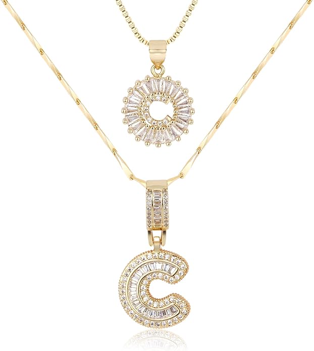 Letter Necklace 14k Gold Plated Bling Dainty Necklaces Trendy Chunky Custom Name Necklace Personalized Round Circle Pendant Zirconia Letters Name Crystal Jewelry Gifts for Women