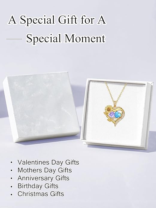 Sunflower Heart Necklace for Women 14K Gold Exquisite Valentines Day Anniversary Birthday Gifts for Wife Mother Her Double Birthstone Pendant Jewelry‘You Are My Sunshine’