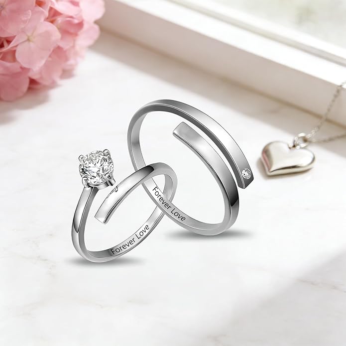 Personalized Couple Rings Engraved with Names - Adjustable Matching Promise Rings Set with Cubic Zirconia, Romantic Gift for Her/Him, Wedding, Anniversary, Valentine's Day (No Size Worry)