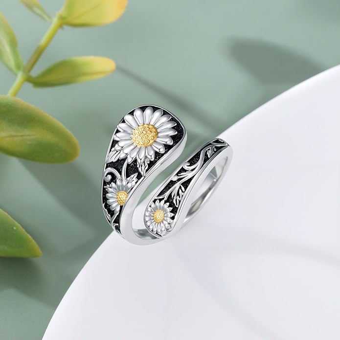 LOANGO Spoon Ring for Women 925 Sterling Silver Spoon Rings Adjustable Oxidized Vintage Thumb Rings Sunflower Hummingbird Butterfly Bee Cardinal Jewelry Gifts for Women Men