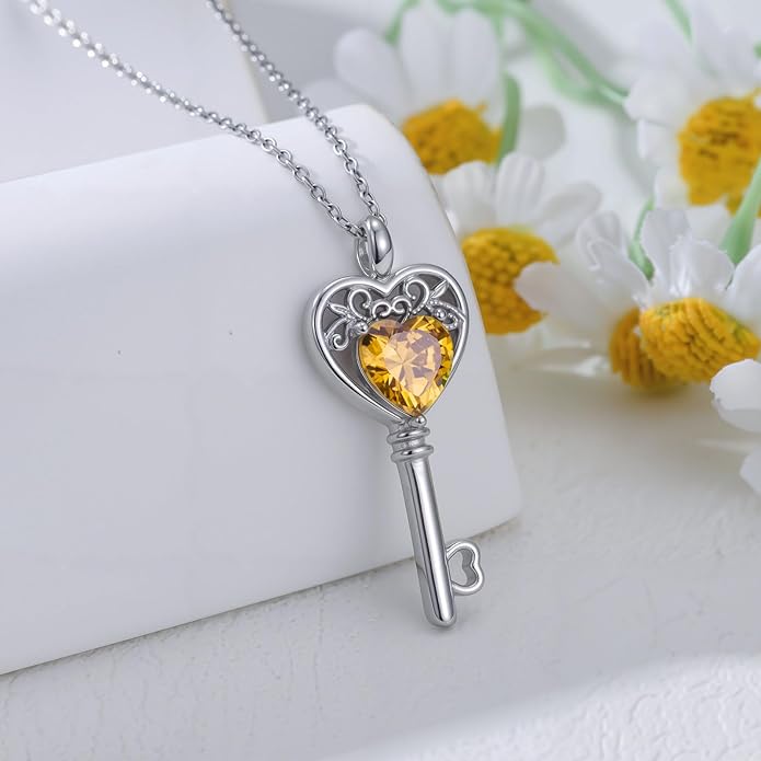 WSX Heart Key Birthstone Necklace for Women 925 Sterling Silver Love Key Pendant with Birthstone Valentine's Day Anniversary Jewelry Gift for Her
