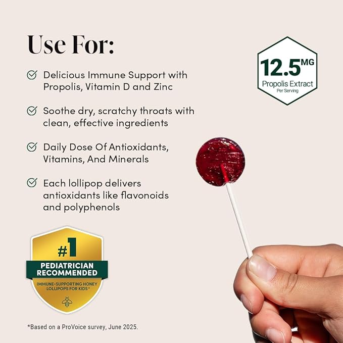 Kids Throat Soothing Lollipops by Beekeeper's Naturals - Doctor Formulated Immune Support, Vitamin D & Honey, Under 2g Sugar, Clean Ingredients,15 ct