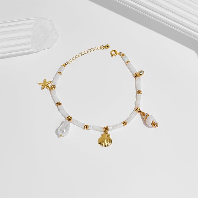 Gold Charm Bracelet for Women Boho Adjustable Shell Starfish Bracelet Summer Beach Ocean Statement Bracelets
