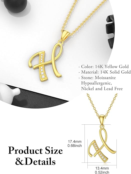 14k Gold Initial Necklace for Women, Solid Gold Moissanite Letter Pendant Necklaces Jewelry for Her Birthday Valentines Day Gifts for Mom Wife Christmas Gifts for Girlfriend Sister