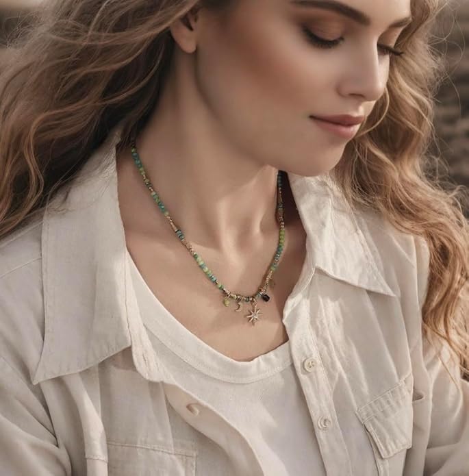 Boho Necklaces for Women, Vintage Pendant Necklaces Two Layers of Wear Choker, Adjustable Trendy Necklace Hippie Handmade Fashion Jewelry Accessories, Birthday Gifts