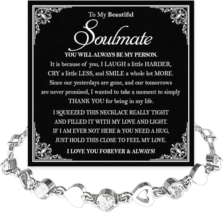 To My Soulmate Bracelet for Women, Heart Chain Bracelet with Shiny Stones, Perfect Birthday or Anniversary Christmas Gift for Soulmate with Message Card and Gift Box