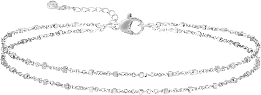 MIDEEO Gold/Silver Ankle Bracelets for Women,14K Gold Anklets for Women Waterproof Cuban Link Heart Beads Herringbone Rhinestone Anklets Set Layered Anklet Bracelets for Women Gold Jewelry Gift