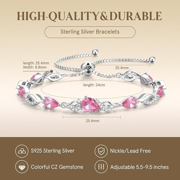 FANCIME Birthstone Teardrop Tennis Bracelet for Women, Sterling Silver 9x7mm main Gemstone Bolo Adjustable Chain Bracelet Fine Jewelry Birthday Gifts for Women Mom Wife Her