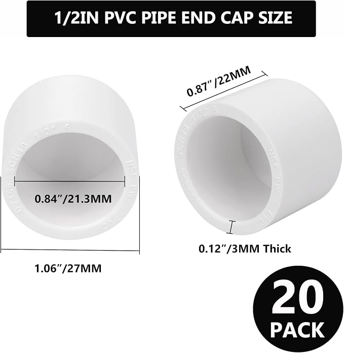 20Pack 1/2"PVC Pipe End Cap Fitting Schedule 40 Furniture Grade 1/2" PVC Pipe - Image 3