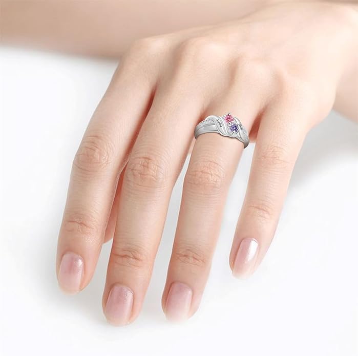 Personalized Heart Birthstone Rings for Women with 2 Birthstones Custom Name Rings for Couple Mother Daughter Jewelry Gift for Mother Her Christmas