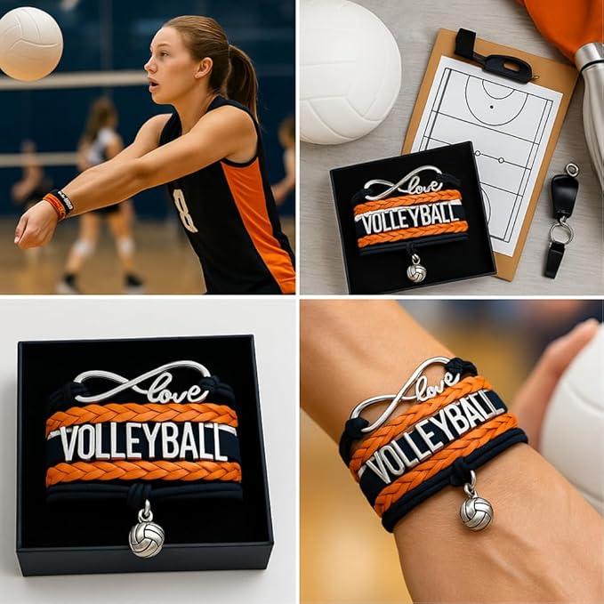 Volleyball Bracelets For Girls- Ideal Volleyball Gifts & Souvenirs. Adjustable Charm Bracelet with Moveable Letters, Infinity Symbol & Silver Volleyball Charm. Fashionable Bracelets by SportyBella.