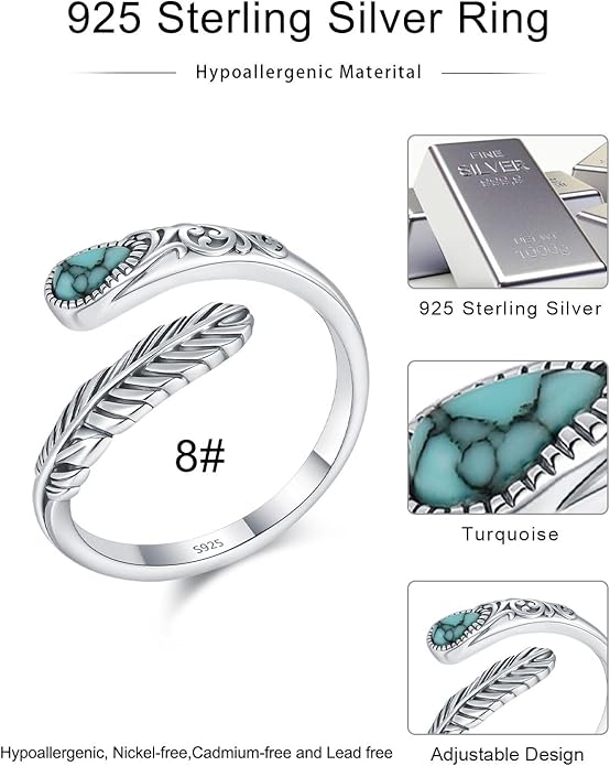 Turquoise/Moss Agate/Moonstone/Black Onyx/Lapis Lazuli/Labradorite/Tiger Eye Feather Ring 925 Sterling Silver Adjustable Ring Western Thumb Rings Vintage Jewelry Gifts for Women