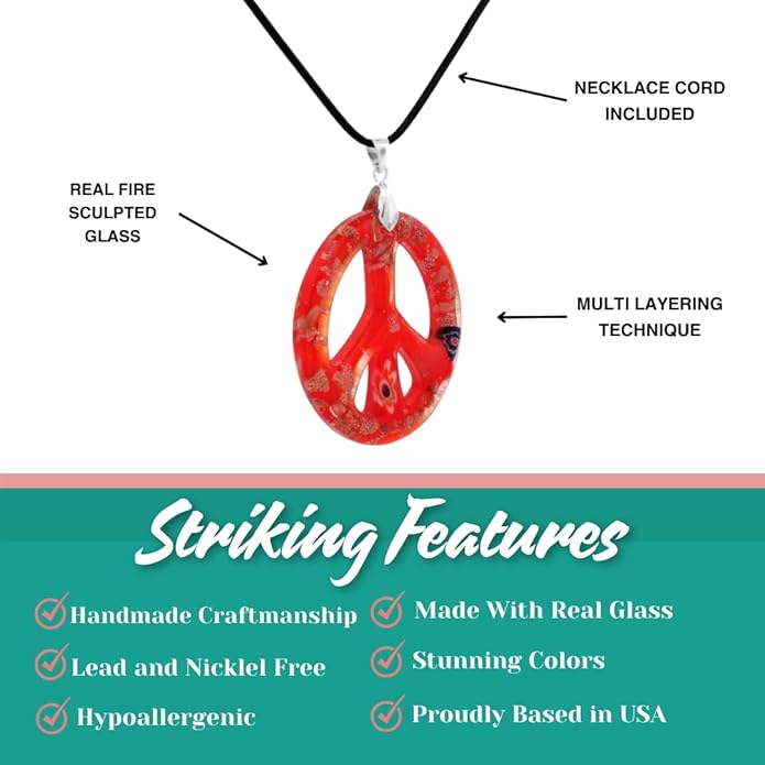 BESHEEK Murano Inspired Peace Sign Blown Glass Lampwork Art Pendant Necklace for Women Handcrafted Artisan Hypoallergenic Italian Style Jewelry