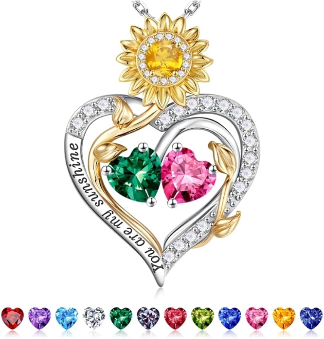 Iefil Valentines Day Gifts for Her - 925 Sterling Silver Sunflower Double Birthstone Necklace for Women, Anniversary Birthday Gifts for Wife, You Are My Sunshine Necklaces, Jewelry for Wife Mom