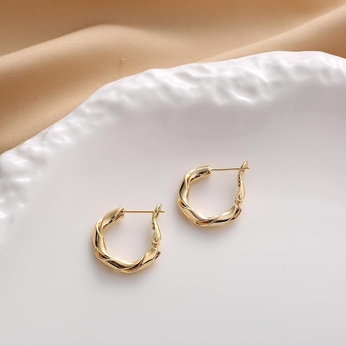 14k Gold Plated Hoop Earrings for Women, 925 Sterling Silver Posts Thick Twist Hypoallergenic Chunky Large Earrings 20mm 30mm 40mm 50mm