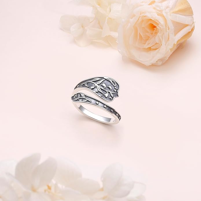 925 Sterling Silver Hummingbird/Sunflower Turquoise/Moonstone/Lily of the Valley Flower Spoon Ring Adjustable Open Ring Statement Thumb Ring Jewelry for Women