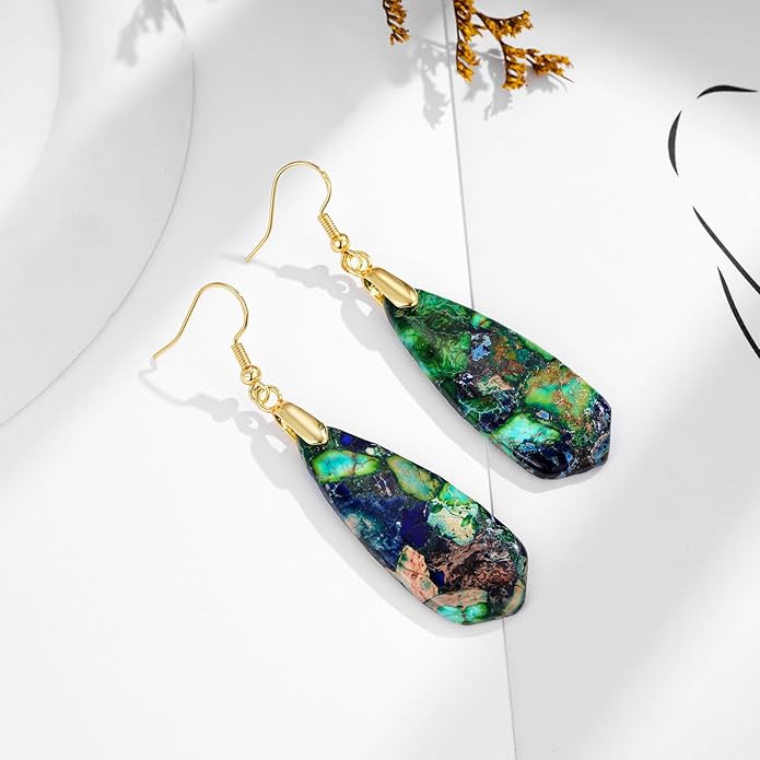 Boho Women Natural Stone Earrings Unique Healing Imperial Jasper Gemstone Energy Hypoallergenic Lightweight Dangle Drop Earrings Multiple Styles Earrings Jewelry for Birthday Party Gift