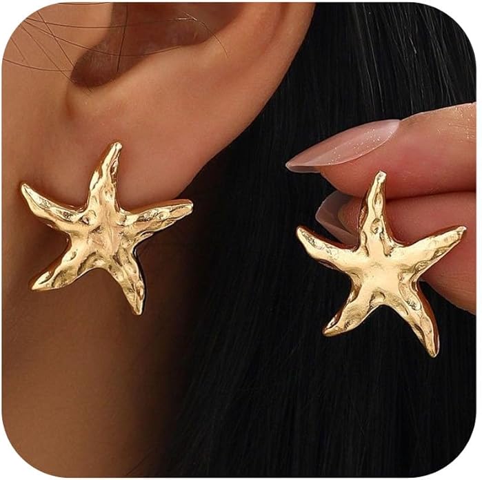 Gold Starfish Earrings for Women Trendy Dainty Starfish Statement Stud Earrings Hypoallergenic Summer Beach Ocean Coastal Jewelry