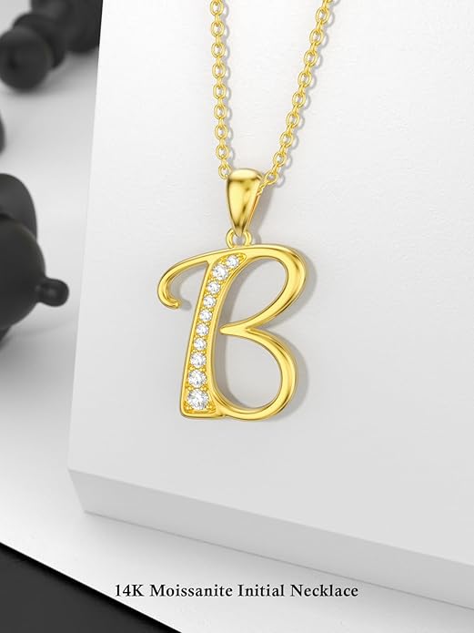 14k Gold Initial Necklace for Women, Solid Gold Moissanite Letter Pendant Necklaces Jewelry for Her Birthday Valentines Day Gifts for Mom Wife Christmas Gifts for Girlfriend Sister