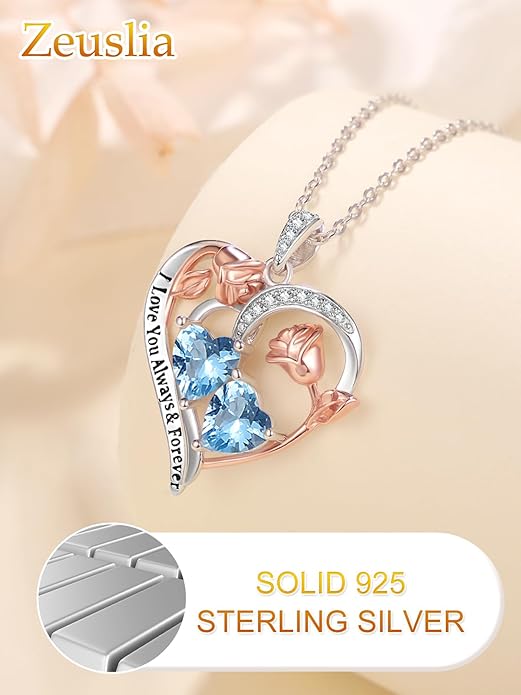 Valentine's Day Gifts for Wife 925 Sterling Silver Double Birthstone Pendant Necklaces I Love You for Always and Forever Necklace Anniversary Birthday Gifts for Wife Girlfriend Mom Her