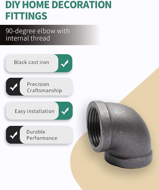 Black Cast Iron 90 Degree Elbow, Female Pipe Fitting, 3/4 Inch Size, - Image 4