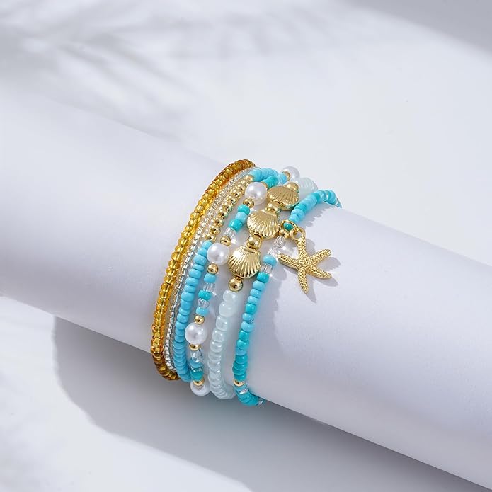 Shell Bracelet Seashell Boho Beaded Stretch Bracelets for Women Summer Beach Bracelets Starfish Charm Bracelet Stackable Gold Plated Bracelets Set for Women
