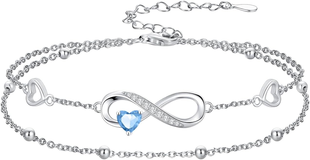 Dorunmo Infinity Heart Anklet Bracelet for Women 925 Sterling Silver Adjustable Infinity Birthstone Bracelet Friendship Jewelry Gifts for Women Birthday Christmas