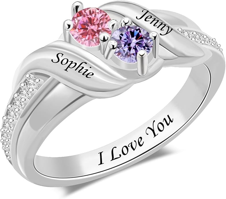 Personalized Heart Birthstone Rings for Women with 2 Birthstones Custom Name Rings for Couple Mother Daughter Jewelry Gift for Mother Her Christmas