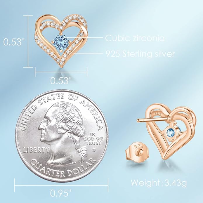 CDE Forever Love Heart Stud Earrings for Women, 925 Sterling Silver Birthstone Heart Stud Earrings Christmas Day Mother's Day Gift Anniversary Birthday Jewelry Gifts for Women Wife Her