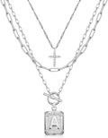 MJartoria Layered Initial Necklaces for Women Trendy, 14K Gold Plated Brass Simple Dainty Cross Choker Square Letter Pendant Necklace, Paperclip Chain Necklaces Jewelry
